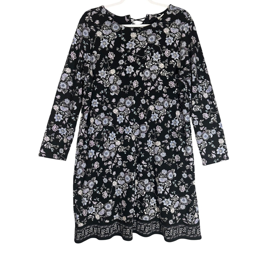 J Jill Floral Print Long Sleeve Dress Sz‎ L Navy Blue Lace Up Back Cotton Modal